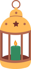 Yellow and brown lantern with a green burning candle inside isolated on white background. Vector flat illustration