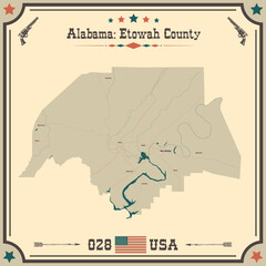 Large and accurate map of Etowah county, Alabama, USA with vintage colors.