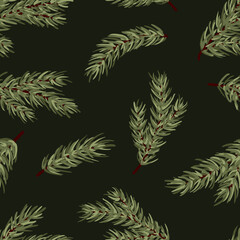 Plakat Set of conifer branches vector seamless pattern. Pine, spruce, cedar, larch, fir tree branches, winter nature texture for textile, print, card, christmas, greetings, wallpapers, background
