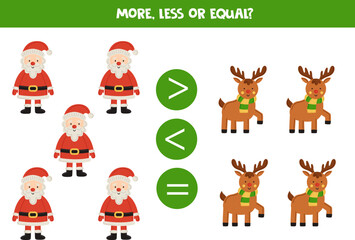 Obraz na płótnie Canvas More, less or equal with cartoon Santa Claus and reindeer.