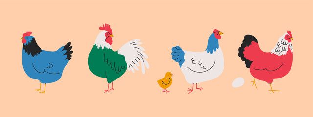 Cartoon chicken set. Domestic hen rooster egg, farm poultry animals organic eco food concept. Vector isolated collection