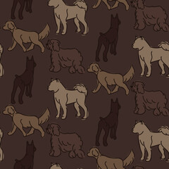 Drawing with different dogs in different poses. Graphic drawings of dogs with spots on a dark background. All shades of brown. Suitable for printing on paper and textiles. Gift wrapping, clothing
