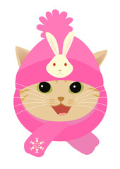 ウサギのマークが付いたピンク色の帽子をかぶる可愛い猫