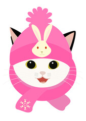 ウサギのマークが付いたピンク色の帽子をかぶる可愛い猫