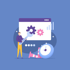 repair and update the system. website development and maintenance process. software or application upgrades. an engineer or worker uses a wrench to repair a system. illustration concept design