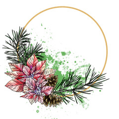 Fototapeta na wymiar Christmas Watercolor motifs frame illustration. Poinsettia, holly leaves and pine branch. Watercolor print. Winter illustration. Perfect for greetings, invitations, manufacture wrapping paper.