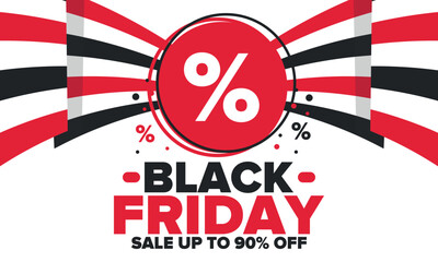 Black Friday. Sale up to 90% off. Biggest sale of the year. Special offer banner. Holiday shopping in United States. Super season deal in November. Discount badge. Creative vector template