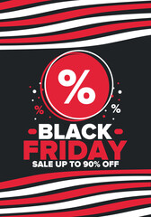 Black Friday. Sale up to 90% off. Biggest sale of the year. Special offer banner. Holiday shopping in United States. Super season deal in November. Discount badge. Creative vector template