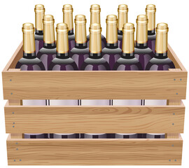 Photo Realistic Illustration Of Wooden Crate With Vine Bottles