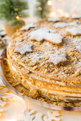 Homemade apple pie on a wooden table. Christmas cake.