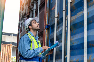 A dock worker in safety helmets and uniform working in a container port terminal. A handsome male engineer checking products in cargo containers before exporting to the harbor