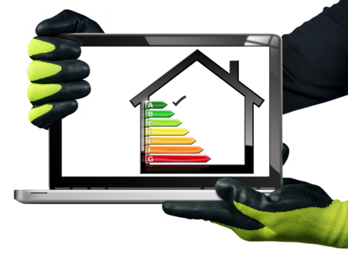 House energy efficiency rating. Manual Worker with protective work gloves showing a modern laptop computer with a small model house with the Energy Performance Chart. Isolated on white background.
