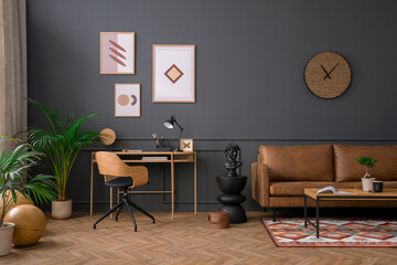 Creative composition of living room interior with mock up poster frame,  brown sofa, wooden desk, stylish armchair, wooden wall, black coffee table, rug and personal accessories. Home decor. Template.