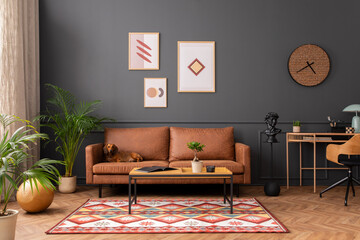 Modern living room interior with mock up poster frame, brown sofa, wooden coffee table, patterned...