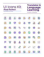Translator pixel perfect RGB color ui icons set. Language learning. Communication. GUI, UX design for mobile app. Vector isolated pictograms. Editable stroke. Montserrat Bold, Light fonts used
