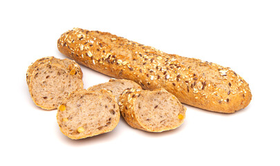 Multigrain bread baguette isolated on white background