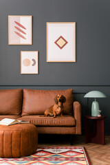 Interior design of living room interior with mock up poster frame, brown sofa, round pouf, patterned rug, wooden coffee table, mint lamp, dog and personal accessories. Home decor. Template. - obrazy, fototapety, plakaty