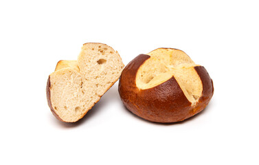 Traditional Bavarian pretzel roll bun isolated on white background