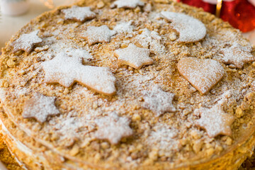 Beautiful Christmas cake close-up. Homemade Christmas cake. 