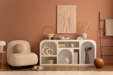 Creative composition of living room interior with mock up poster frame, modern white commode,...