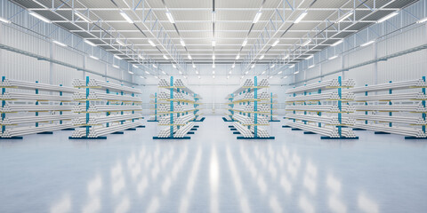 3d rendering of steel pipe product, row of shelf and concrete floor inside large warehouse building, factory or store for product display background of steel production industry and manufacturing. 
