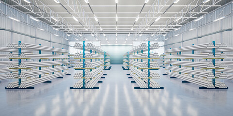3d rendering of steel pipe product, row of shelf and concrete floor inside large warehouse building, factory or store. Concept of metallurgy industry, steel production, engineering and manufacturing. 