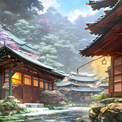 田舎の日本家屋の風景。山岳地域。寺社。