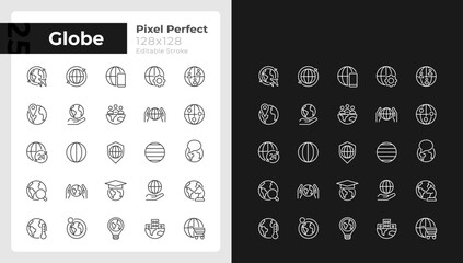Globe pixel perfect linear icons set for dark, light mode. World map. Save Earth. Thin line symbols for night, day theme. Isolated illustrations. Editable stroke. Montserrat Bold, Light fonts used - obrazy, fototapety, plakaty