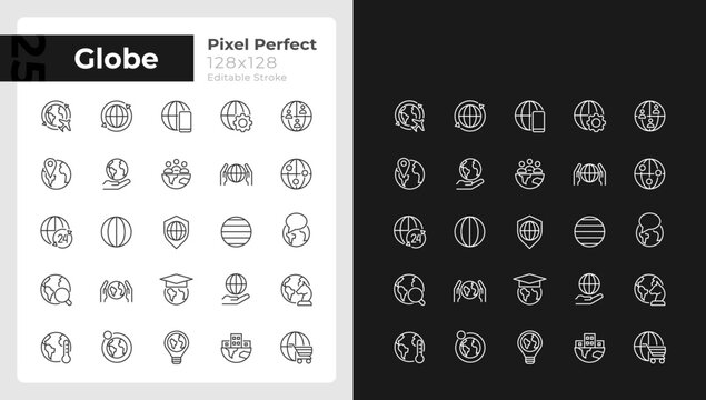 Globe pixel perfect linear icons set for dark, light mode. World map. Save Earth. Thin line symbols for night, day theme. Isolated illustrations. Editable stroke. Montserrat Bold, Light fonts used