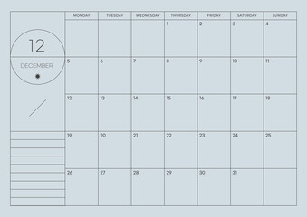 December 2022 simple design digital and printable calendar template illustration. Notes, scheduler, diary, calendar, memo, planner document template background. 