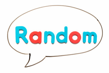 Alphabet letter with word random in black line hand drawing as bubble speech on white board background