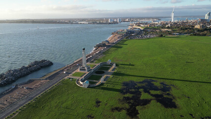 Aerial drone shot of the Portsmouth Naval Memorial building in the distance