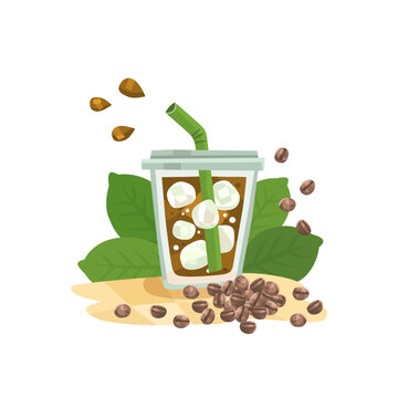 coffee ice americano in take away plastic cup with coffee bean and leaves