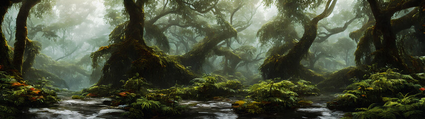 Artistic concept illustration of a rain forest, background illustration.
