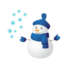 Smiling Christmas snowman in a blue cap and scarf waves his mittened hand. Snowflakes graphics print, poster, banner, leaflet, postcard. Graphics of the user's game design.
