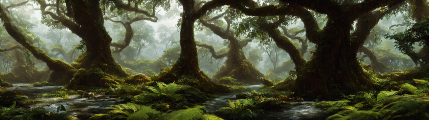 Artistic concept illustration of a rain forest, background illustration.