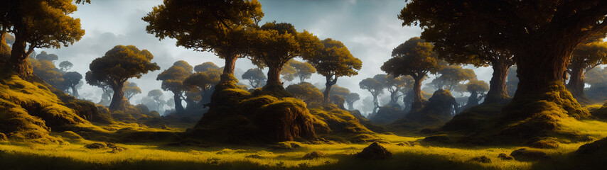 Obraz premium Artistic concept illustration of a panoramic forest landscape, background illustration.