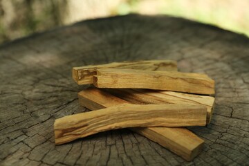 Palo santo sticks on wooden stump outdoors, closeup