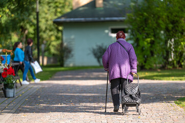 an old woman with a cane pulls a bag on wheels behind her on a cobbled sidewalk, rear view