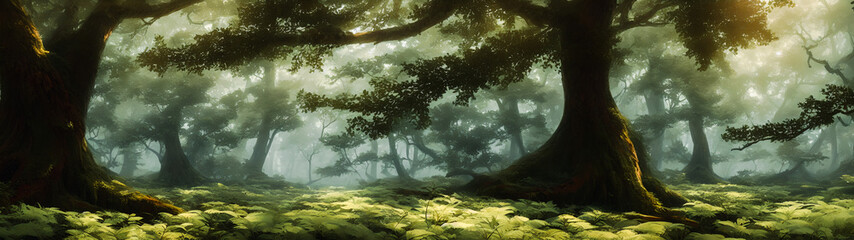 Artistic concept illustration of a panoramic forest landscape, background illustration.