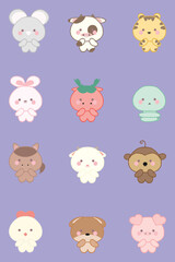 Set of 12 cute Chinese zodiac signs cartoon. Hand drawn flat vector illustration in crayon colored texture isolated on blue background.