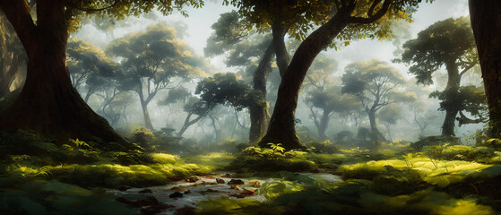 Artistic concept illustration of a panoramic forest landscape, background illustration.