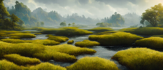 Artistic concept illustration of a panoramic swamp landscape, background illustration.