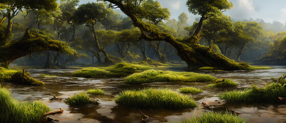 Naklejka premium Artistic concept illustration of a panoramic swamp landscape, background illustration.