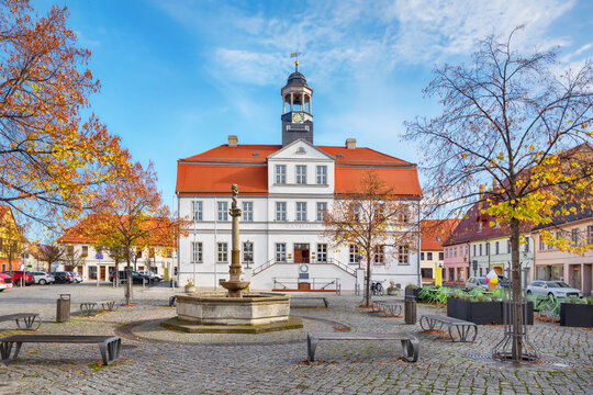 Bad Duben, Germany. View of historic building of Town Hall (Rathaus) located on Markt square