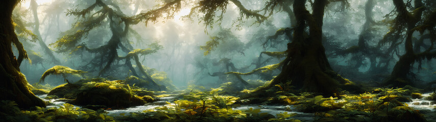 Artistic concept illustration of a panoramic swamp landscape, background illustration.