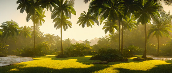 Fototapeta premium Artistic concept illustration of a panoramic tropical jungle, background illustration.