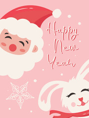 Trendy cute Happy New Year greeting card ho ho ho Merry Christmas template Minimalistic design cute santa and hare rabbit 2023 symbol A5