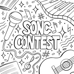 Song Contest word bubble line art in pop art comic style. Song battle poster with musical instruments