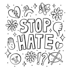 Stop Hate line art poster with emojis, stop hating hand drawn vector illustration in retro comic style